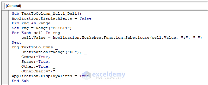 VBA Code for Using Text to Columns in  Multiple Delimiters Dataset