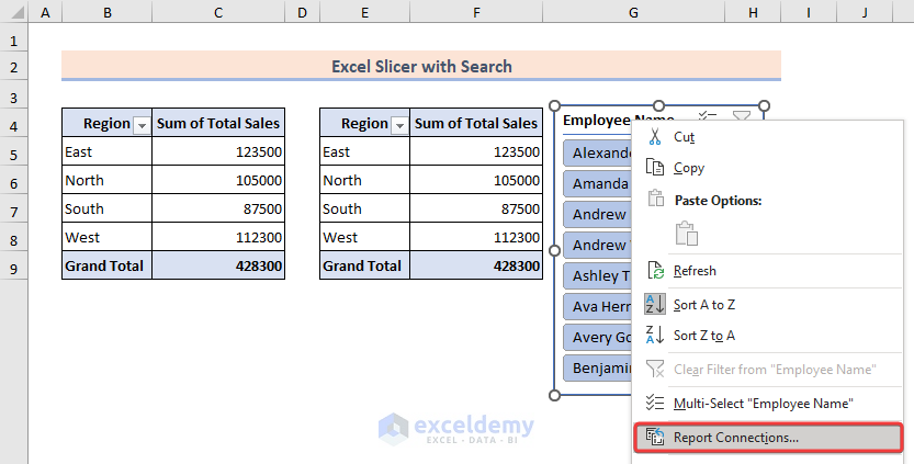 Visiting report connections options to check linking of slicer