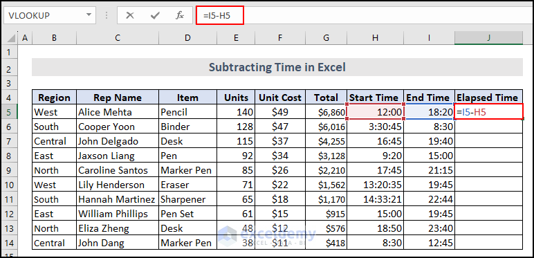 Entering the formula in cell J5 to subtract times in Excel
