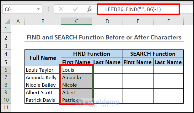 finding first name with left and find functions
