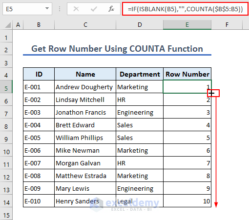 row number using COUNTA function
