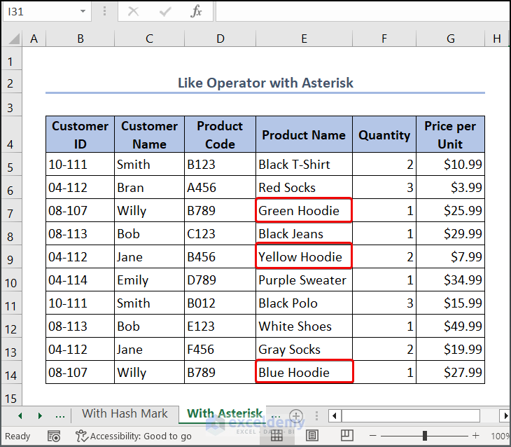 Dataset for Excel VBA Like Operator with Asterisk at the Beginning