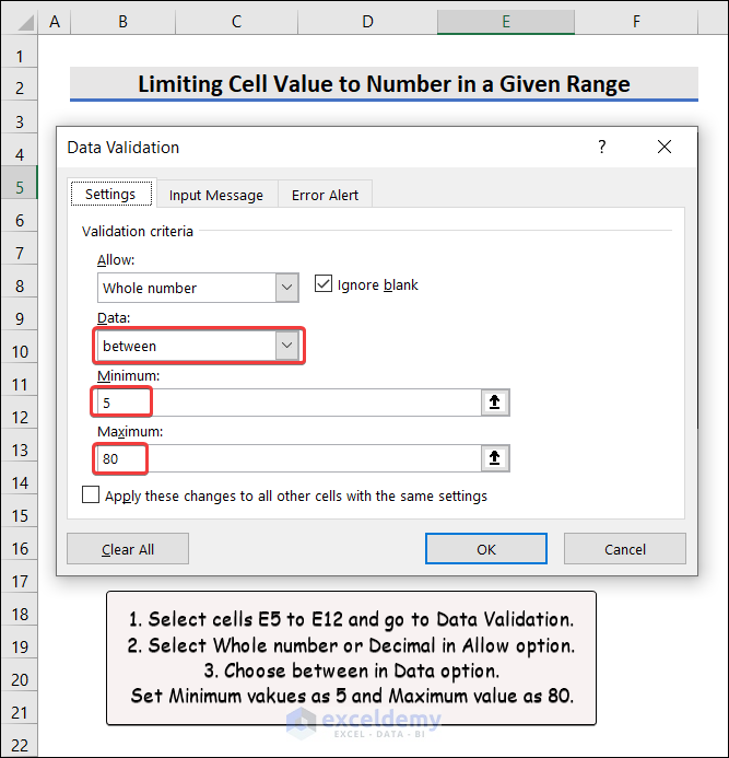 Limit Cell Value to Number in a Given Range