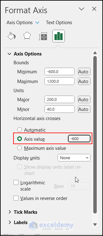 Changing Axis Value in Format Axis pane