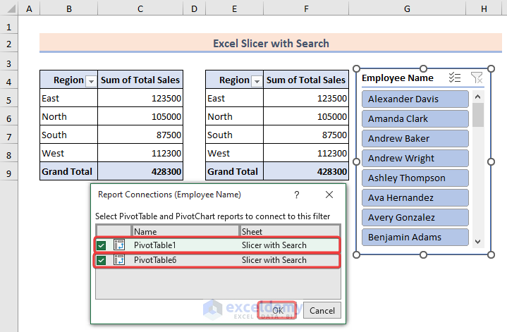 Checkmarking PivotTables to ensure connection with slicer