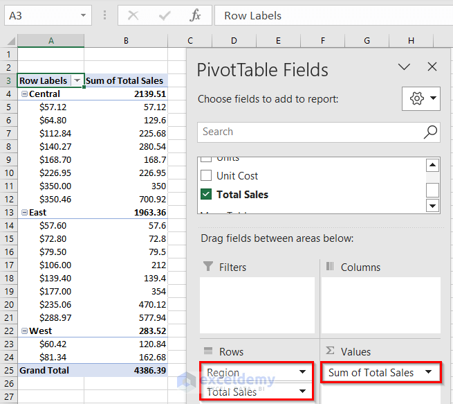 Create a Pivot table with Region and Total Sales