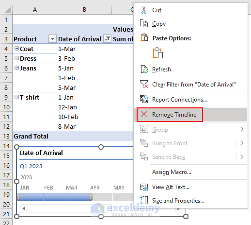 Removing timeline slicer with date range in Excel