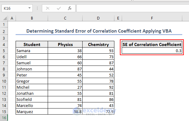 SE of correlation coefficient result using VBA