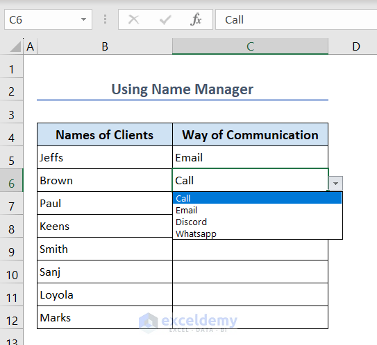 Showing a Drop-Down list of values that are inserted using Name Manager