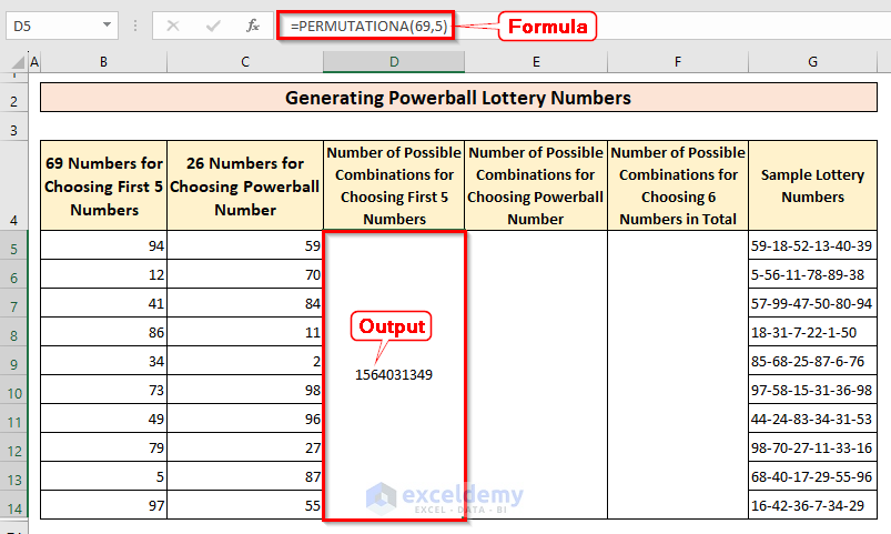 Using PERMUTATIONA() Function to Calculate Number of Possible Combinations for Choosing First 5 Numbers