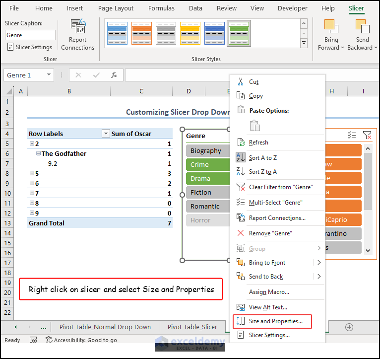 Changing slicer properties & size