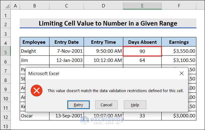 Limit Cell Value to Number in a Given Range