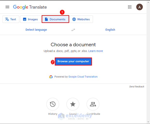  Uploading file in google translate