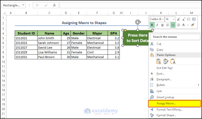 Assign macro to shape button in Excel
