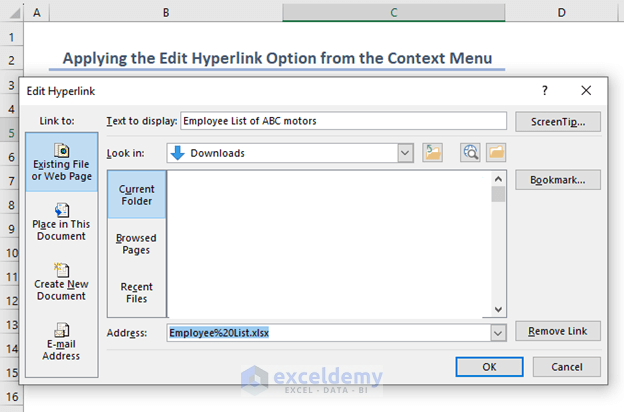 Edit Hyperlink dialog box pop up