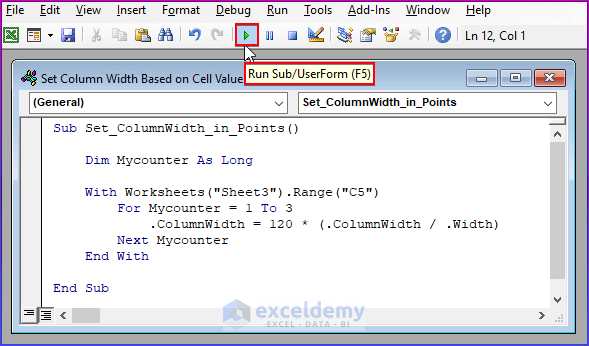 How to Set Column Width in Points in Excel VBA 