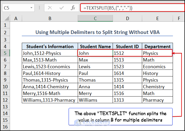TEXTSPLIT function split multiple delimiters without VBA