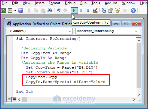 Using correct Referencing to avoid application-defined or object-defined error in vba