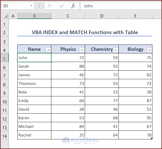 VBA INDEX and MATCH Functions with Table