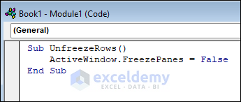 VBA code to unfreeze rows in Excel