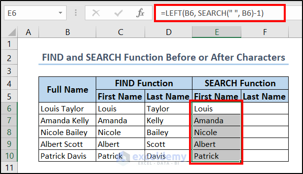 finding first name with left and search functions
