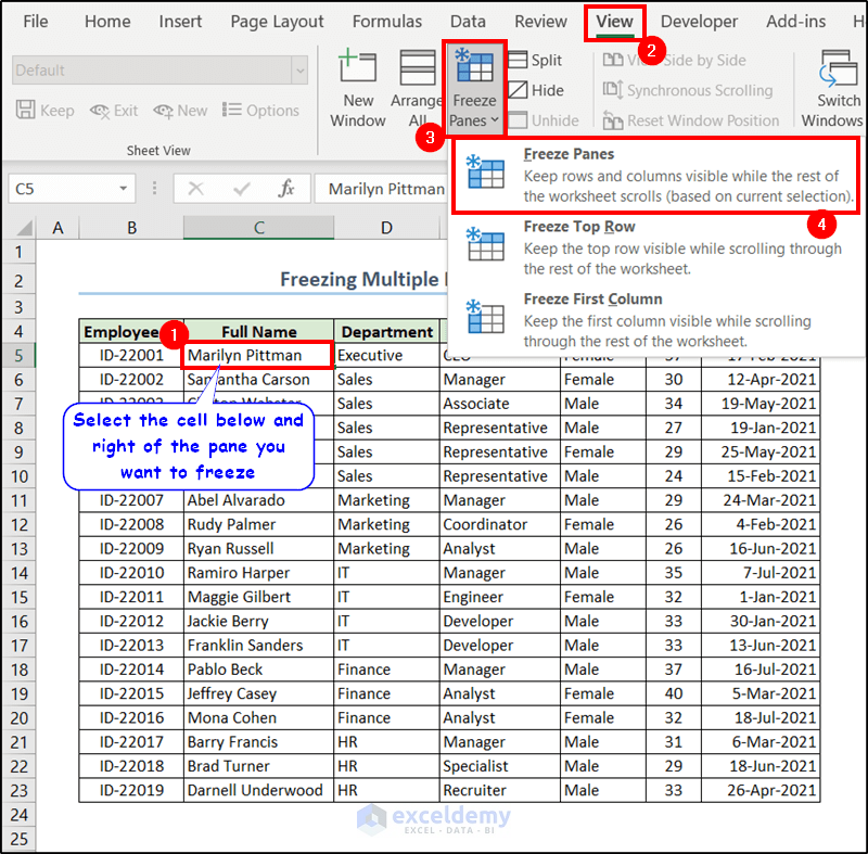 how to freeze selected panes in excel