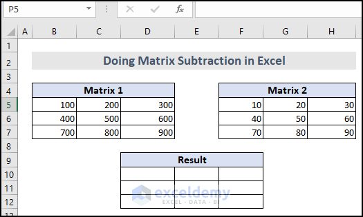 Image of matrices to do Matrix Subtraction in Excel