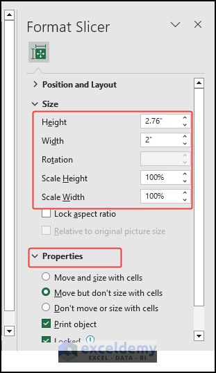 Selecting new size and properties for slicer