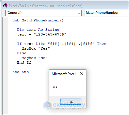 Match a Phone Number with Excel VBA Like operator