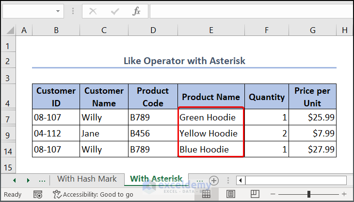 Output image for Excel VBA Like Operator with Asterisk at the Beginning