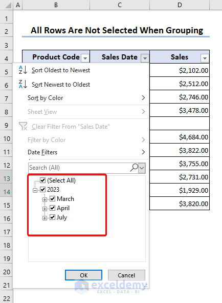 All months option is not available as all rows are not selected for filtering