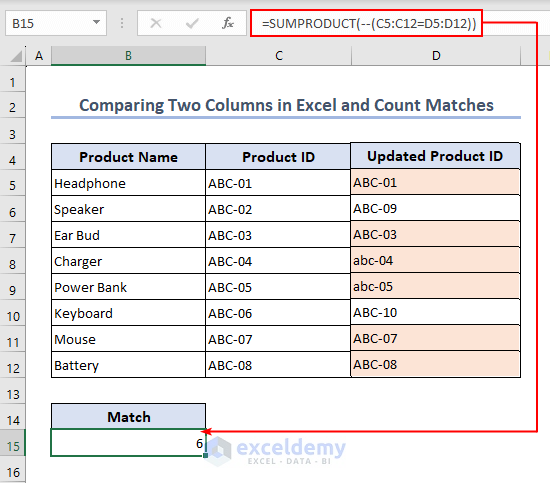 Comparing two columns in Excel and counting matches