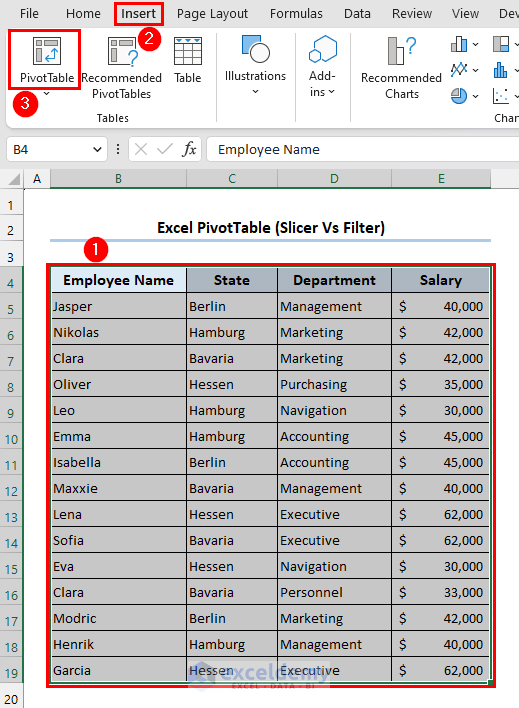 Creating pivot table from the toolbars’ insert tab