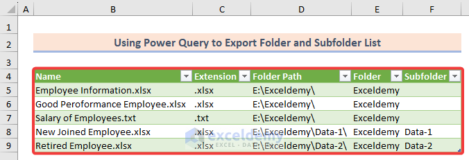 FInal output with exported folder and subfolder list to excel