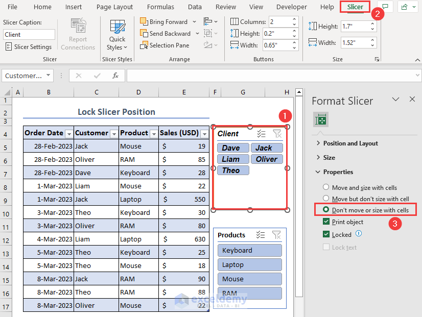 Locking the Slicer position into an Excel worksheet