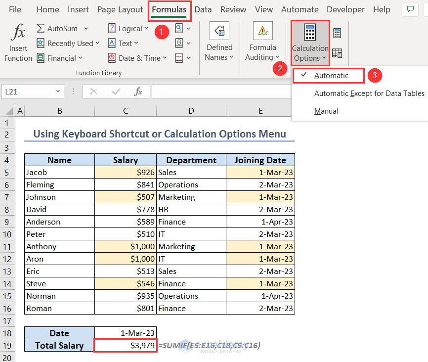 Selecting Automatic from Calculation Options so that summed values will update automatically
