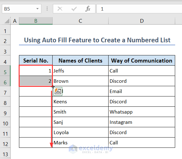 Using Fill Handle tool to create a numbered list