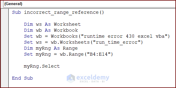VBA Code with Incorrect Range Reference which results in runtime error 438 in excel