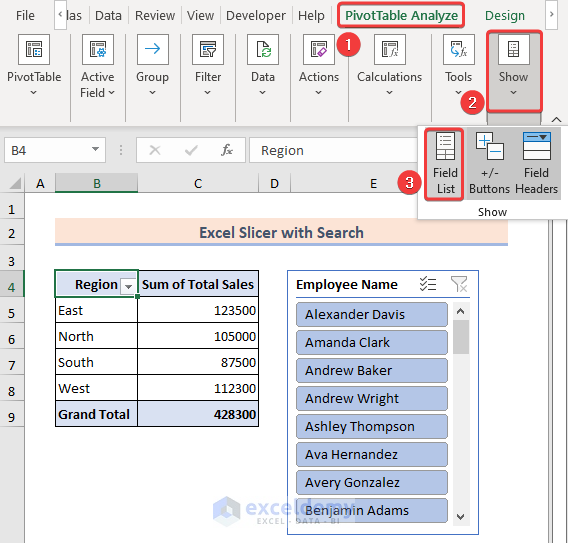 Visiting field list from the pivottable analyze tab
