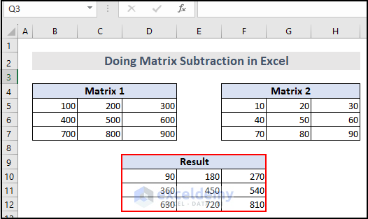 Final output image of Subtracting matrices in Excel