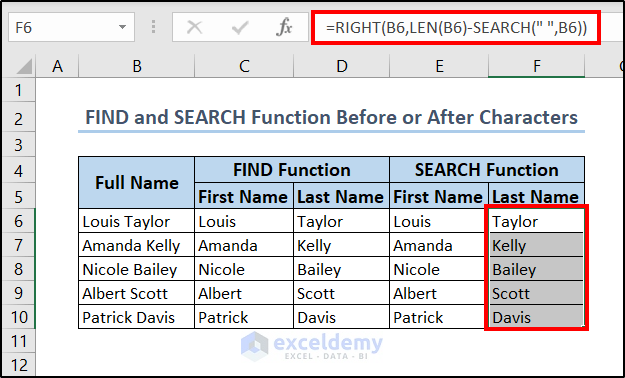 finding last name with right and search functions