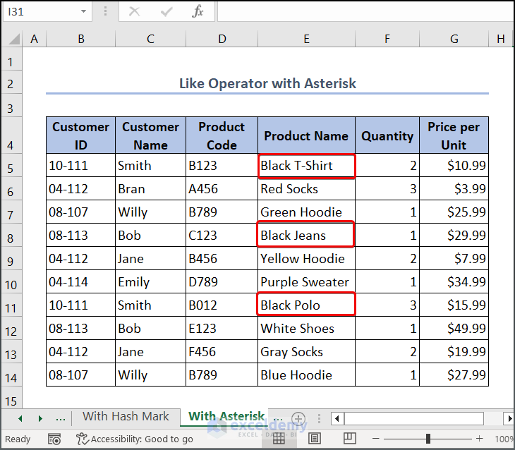 Dataset for Excel VBA Like Operator with Asterisk at the end