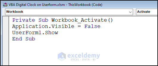 excel vba code to show digital clock on userform only