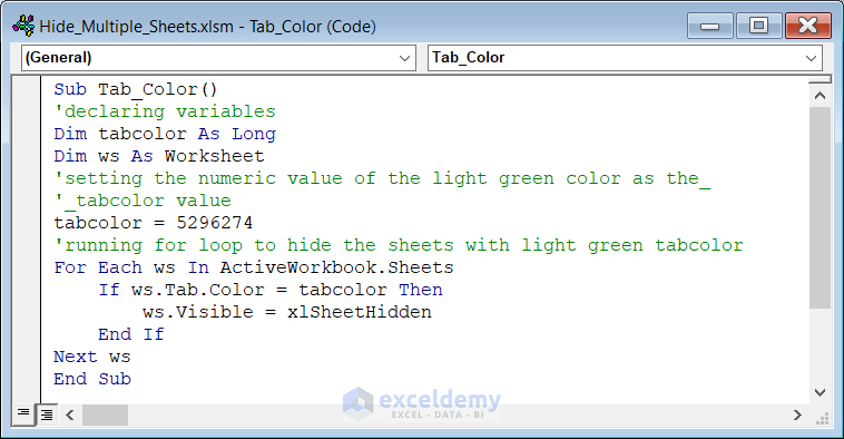 Code to hide Worksheets with specific tab color