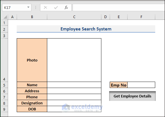Employee Search System Layout in a New Sheet