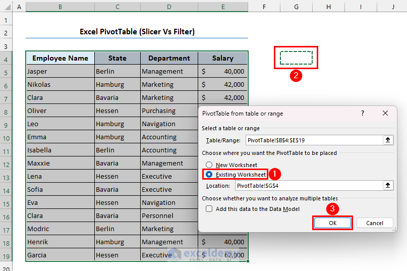 Selecting range from the “PivotTable from table or range” dialog box