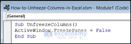 VBA code to unfreeze columns in Excel