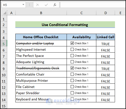 use conditional formatting in checkboxes