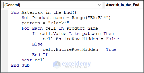Code image for Excel VBA Like Operator with Asterisk at the end