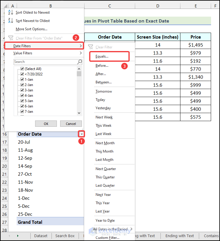 Using Date Filters option to filter Pivot Table based on exact date in Excel